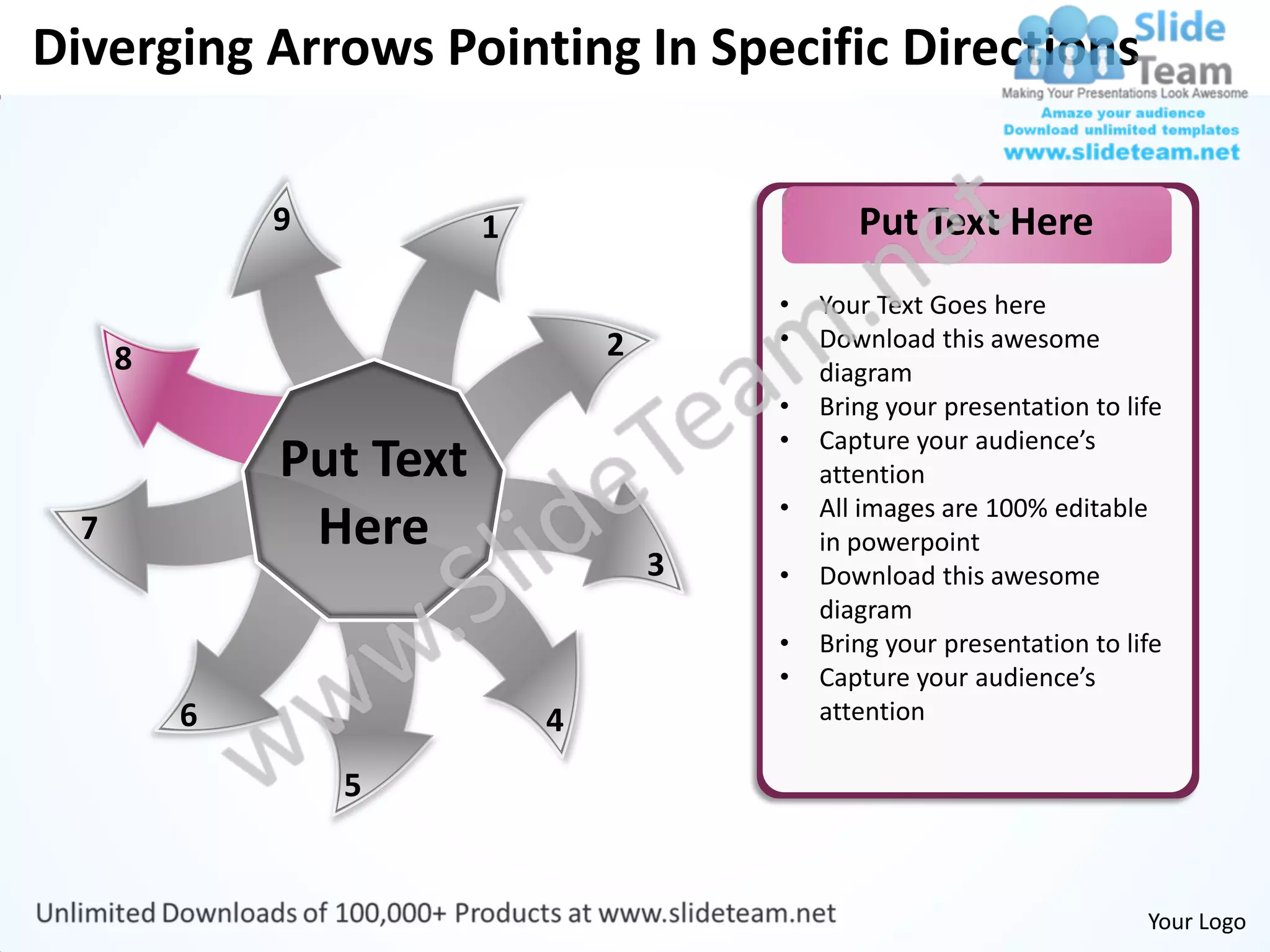 Diverging Arrows Pointing In Specific Directions

              9          1                      Put Text Here
                                         •   Your Text Goes here
                                 2       •   Download this awesome
      8                                      diagram
                                         •   Bring your presentation to life
                                         •   Capture your audience’s
              Put Text                       attention
                                         •   All images are 100% editable
  7            Here                          in powerpoint
                                     3   •   Download this awesome
                                             diagram
                                         •   Bring your presentation to life
                                         •   Capture your audience’s
          6                  4               attention

                  5


                                                                          Your Logo
 