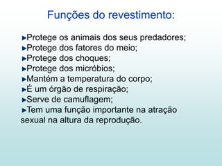 Funções do revestimento:
 Protege os animais dos seus predadores;
 Protege dos fatores do meio;
 Protege dos choques;
 Protege dos micróbios;
 Mantém a temperatura do corpo;
 É um órgão de respiração;
 Serve de camuflagem;
 Tem uma função importante na atração
sexual na altura da reprodução.
 