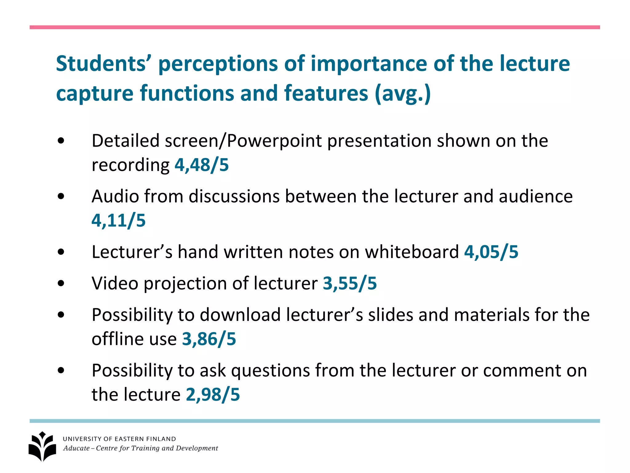 Students’ perceptions of importance of the lecture
capture functions and features (avg.)
•   Detailed screen/Powerpoint presentation shown on the
    recording 4,48/5
•   Audio from discussions between the lecturer and audience
    4,11/5
•   Lecturer’s hand written notes on whiteboard 4,05/5
•   Video projection of lecturer 3,55/5
•   Possibility to download lecturer’s slides and materials for the
    offline use 3,86/5
•   Possibility to ask questions from the lecturer or comment on
    the lecture 2,98/5
 