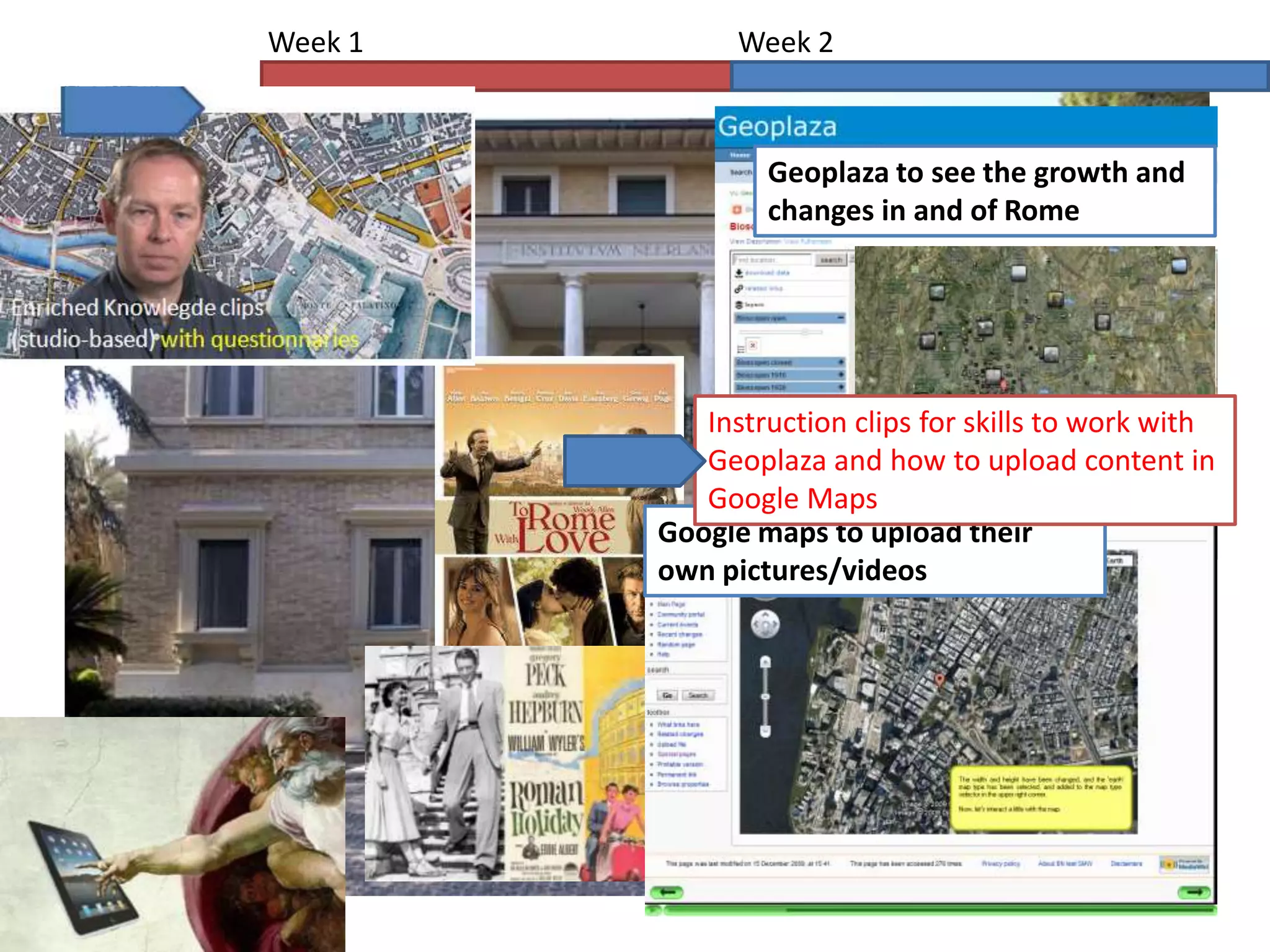 Week 1         Week 2



                 Geoplaza to see the growth and
                 changes in and of Rome




            Instruction clips for skills to work with
            Geoplaza and how to upload content in
            Google Maps
         Google maps to upload their
         own pictures/videos
 