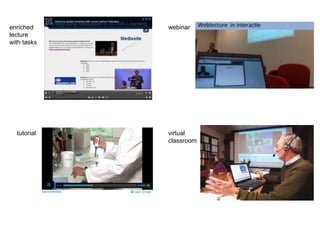 enriched     webinar
lecture
with tasks




  tutorial   virtual
             classroom
 