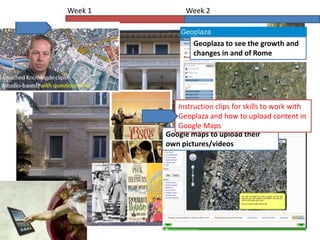 Week 1         Week 2



                 Geoplaza to see the growth and
                 changes in and of Rome




            Instruction clips for skills to work with
            Geoplaza and how to upload content in
            Google Maps
         Google maps to upload their
         own pictures/videos
 