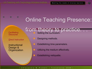 . . . F acilitating Discourse D irect Instruction I nstructional Design & Organization Setting the curriculum. Designing methods. Establishing time parameters. Utilizing the medium effectively. Establishing netiquette. Online Teaching Presence:  from theory to practice. . . 