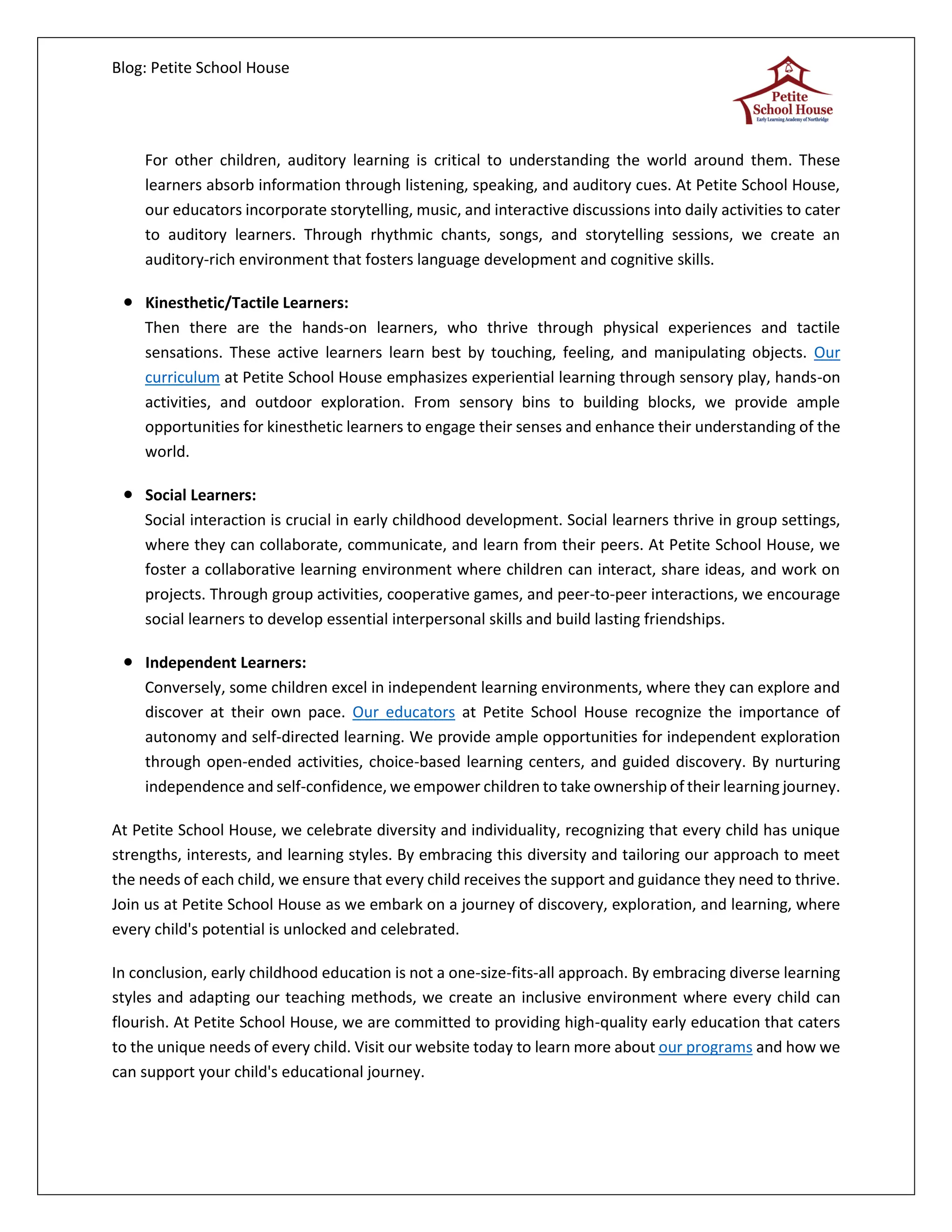 Diverse Learning Styles In Early Childhood Education