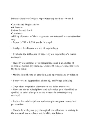 Diverse Nature of Psych Paper Grading Form for Week 1
Content and Organization
60 Percent
Points Earned 0/45
Comments:
All key elements of the assignment are covered in a substantive
way.
· Paper is 700 - 1,050 words in length
· Analyze the diverse nature of psychology
· Evaluate the influence of diversity on psychology’s major
concepts
· Identify 2 examples of subdisciplines and 2 examples of
subtopics within psychology. Choose the major concepts from
the following:
· Motivation: theory of emotion, and approach and avoidance
· Behaviorism: aggression, cheating, and binge drinking
· Cognition: cognitive dissonance and false memories
· How can the subdisciplines and subtopics you identified be
applied to other disciplines and venues in contemporary
society?
· Relate the subdisciplines and subtopics to your theoretical
perspective.
· Conclude with your psychological contribution to society in
the areas of work, education, health, and leisure.
 