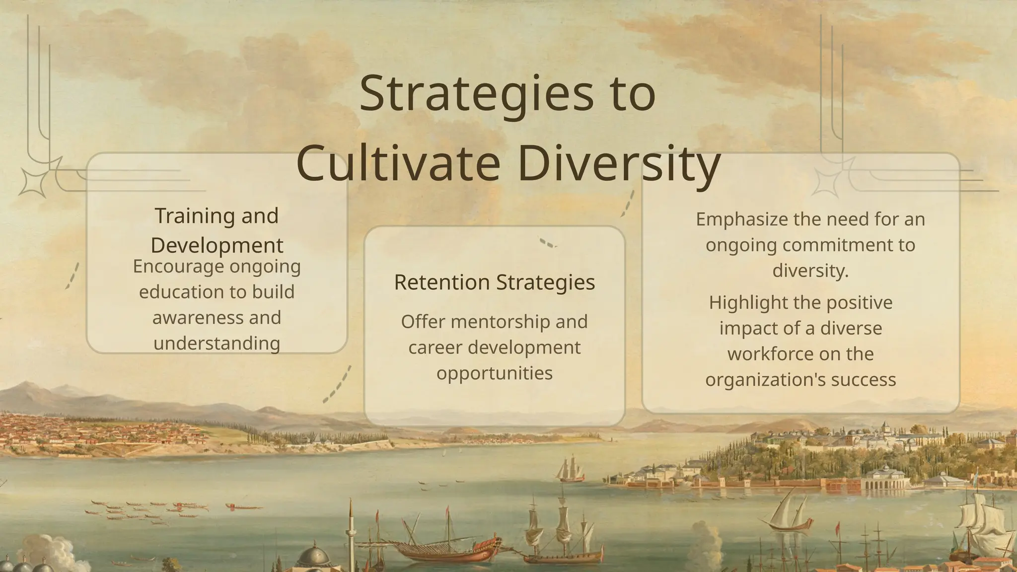 Strategies to
Cultivate Diversity
Training and
Development
Encourage ongoing
education to build
awareness and
understanding
Retention Strategies
Offer mentorship and
career development
opportunities
Emphasize the need for an
ongoing commitment to
diversity.
Highlight the positive
impact of a diverse
workforce on the
organization's success
 