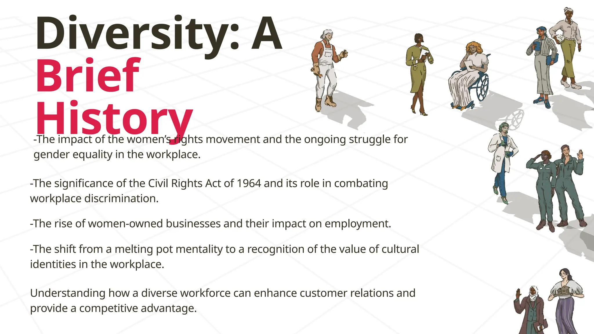 Diversity: A
Brief
History
-The significance of the Civil Rights Act of 1964 and its role in combating
workplace discrimination.
-The impact of the women’s rights movement and the ongoing struggle for
gender equality in the workplace.
-The rise of women-owned businesses and their impact on employment.
-The shift from a melting pot mentality to a recognition of the value of cultural
identities in the workplace.
Understanding how a diverse workforce can enhance customer relations and
provide a competitive advantage.
 