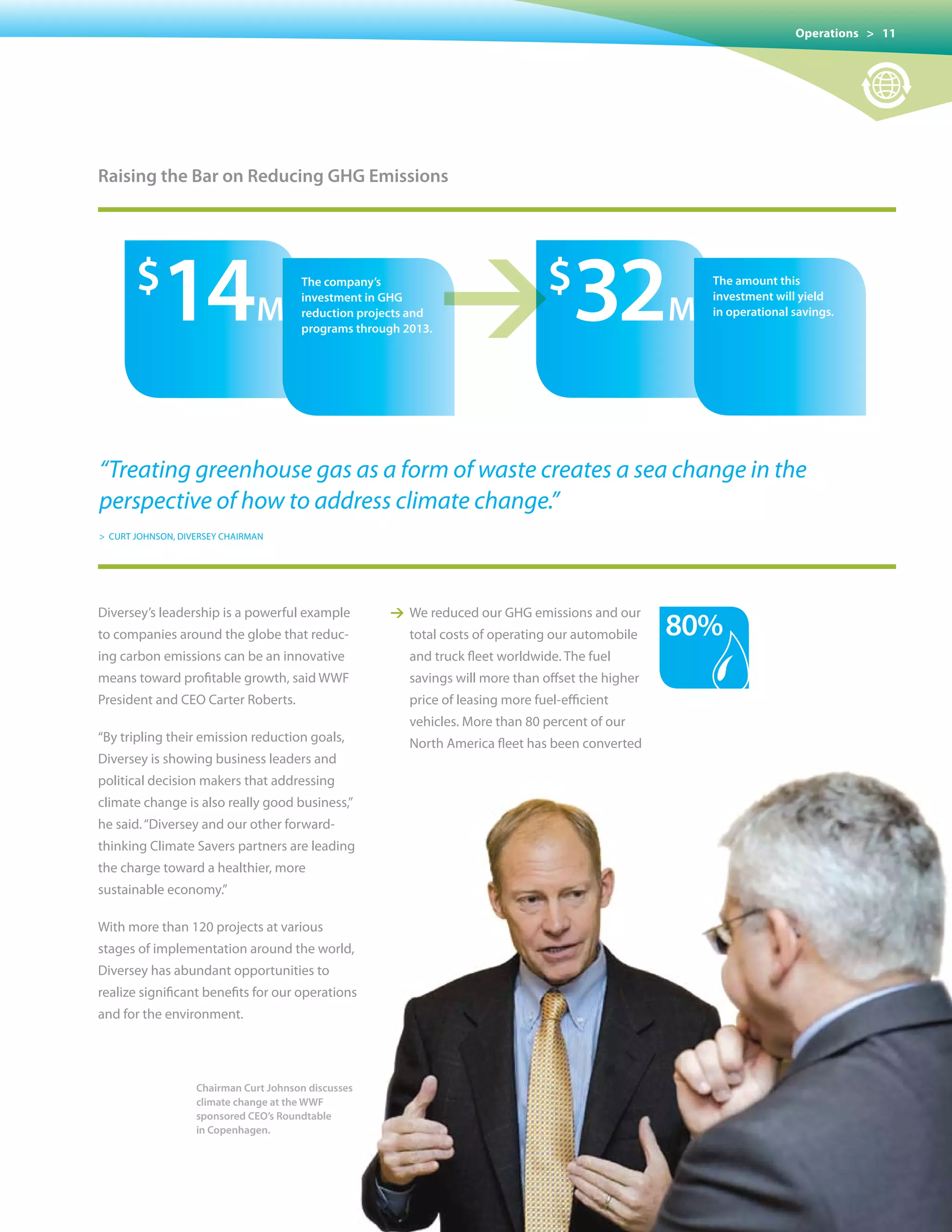 Operations > 11




raising the Bar on reducing GHG emissions




       $
            14                 m
                                       the company’s
                                       investment in GHG
                                       reduction projects and
                                       programs through 2013.   1 32             $
                                                                                                    m
                                                                                                        the amount this
                                                                                                        investment will yield
                                                                                                        in operational savings.




“Treating greenhouse gas as a form of waste creates a sea change in the
perspective of how to address climate change.”
> CURT JOHNSON, DIvERSEY CHAIRMAN




Diversey’s leadership is a powerful example           1 We reduced our GHG emissions and our
to companies around the globe that reduc-                total costs of operating our automobile    80%
ing carbon emissions can be an innovative                and truck fleet worldwide. The fuel
means toward profitable growth, said WWF                 savings will more than offset the higher
President and CEO Carter Roberts.                        price of leasing more fuel-efficient
                                                         vehicles. More than 80 percent of our
“By tripling their emission reduction goals,             North America fleet has been converted
Diversey is showing business leaders and
political decision makers that addressing
climate change is also really good business,”
he said. “Diversey and our other forward-
thinking Climate Savers partners are leading
the charge toward a healthier, more
sustainable economy.”

With	more	than	120	projects	at	various	
stages of implementation around the world,
Diversey has abundant opportunities to
realize significant benefits for our operations
and for the environment.




                   Chairman Curt Johnson discusses
                   climate change at the WWF
                   sponsored CEO’s Roundtable
                   in Copenhagen.
 
