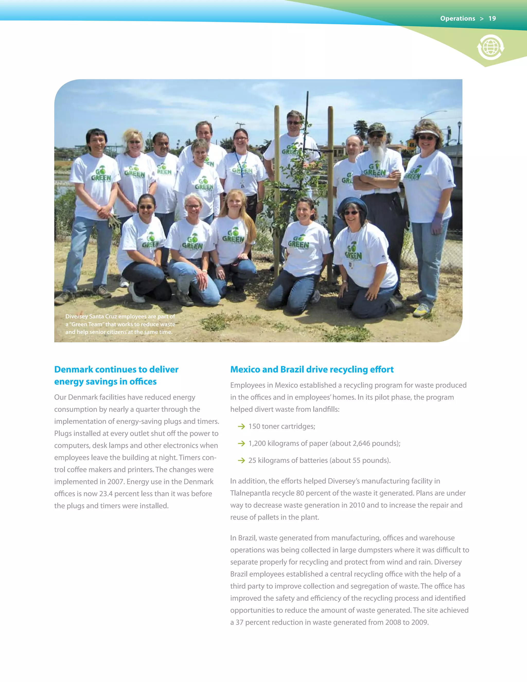 Operations > 19




   Diversey santa cruz employees are part of
   a “Green team” that works to reduce waste
   and help senior citizens at the same time.




Denmark continues to deliver                            Mexico and Brazil drive recycling effort
energy savings in offices                               Employees in Mexico established a recycling program for waste produced
Our Denmark facilities have reduced energy              in the offices and in employees’ homes. In its pilot phase, the program
consumption by nearly a quarter through the             helped divert waste from landfills:
implementation of energy-saving plugs and timers.
                                                          1 150 toner cartridges;
Plugs installed at every outlet shut off the power to
computers, desk lamps and other electronics when          1 1,200 kilograms of paper (about 2,646 pounds);
employees leave the building at night. Timers con-        1 25 kilograms of batteries (about 55 pounds).
trol coffee makers and printers. The changes were
implemented in 2007. Energy use in the Denmark          In addition, the efforts helped Diversey’s manufacturing facility in
offices is now 23.4 percent less than it was before     Tlalnepantla recycle 80 percent of the waste it generated. Plans are under
the plugs and timers were installed.                    way to decrease waste generation in 2010 and to increase the repair and
                                                        reuse of pallets in the plant.

                                                        In Brazil, waste generated from manufacturing, offices and warehouse
                                                        operations was being collected in large dumpsters where it was difficult to
                                                        separate properly for recycling and protect from wind and rain. Diversey
                                                        Brazil employees established a central recycling office with the help of a
                                                        third party to improve collection and segregation of waste. The office has
                                                        improved the safety and efficiency of the recycling process and identified
                                                        opportunities to reduce the amount of waste generated. The site achieved
                                                        a 37 percent reduction in waste generated from 2008 to 2009.
 