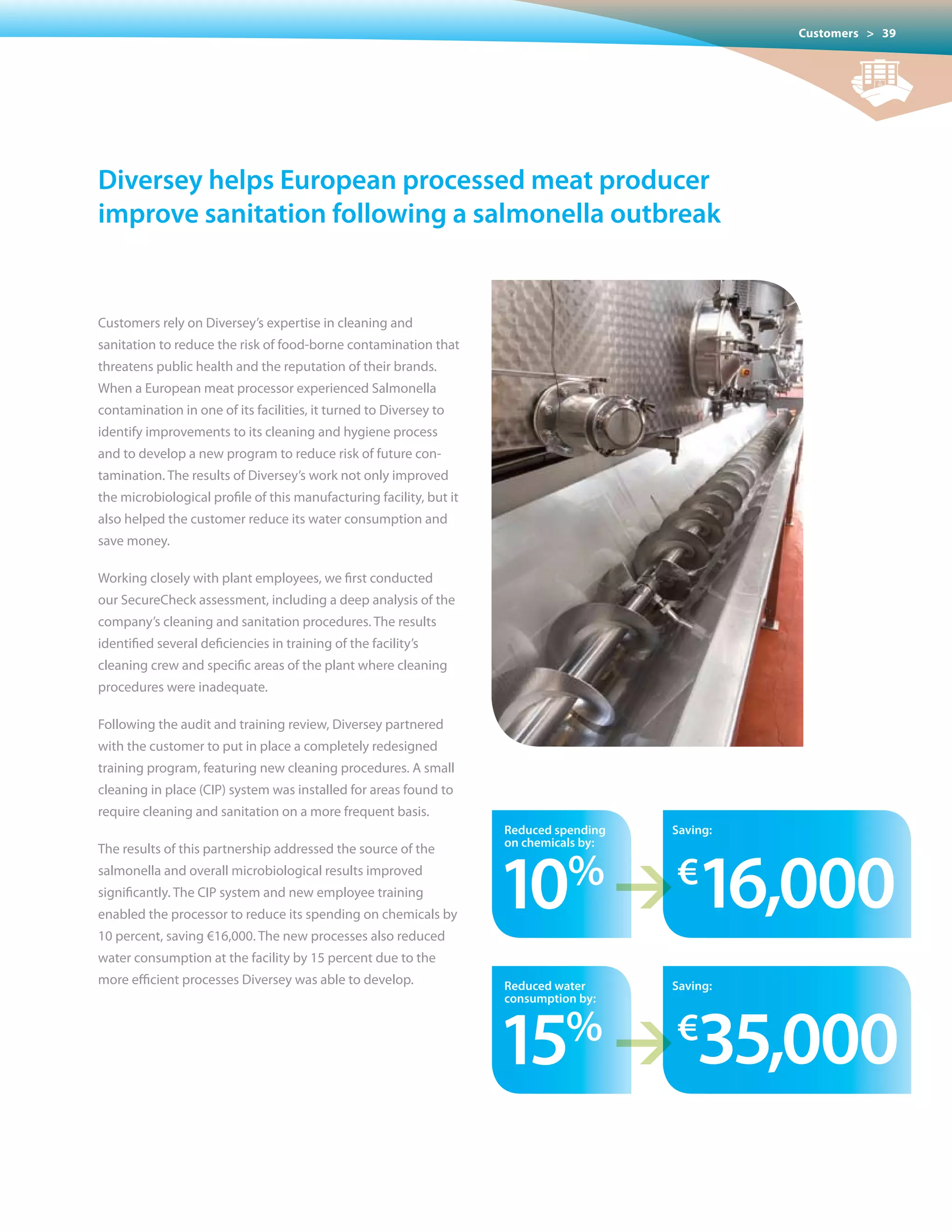 Customers > 39




Diversey helps european processed meat producer
improve sanitation following a salmonella outbreak


Customers rely on Diversey’s expertise in cleaning and
sanitation to reduce the risk of food-borne contamination that
threatens public health and the reputation of their brands.
When a European meat processor experienced Salmonella
contamination in one of its facilities, it turned to Diversey to
identify improvements to its cleaning and hygiene process
and to develop a new program to reduce risk of future con-
tamination. The results of Diversey’s work not only improved
the microbiological profile of this manufacturing facility, but it
also helped the customer reduce its water consumption and
save money.

Working closely with plant employees, we first conducted
our SecureCheck assessment, including a deep analysis of the
company’s cleaning and sanitation procedures. The results
identified several deficiencies in training of the facility’s
cleaning crew and specific areas of the plant where cleaning
procedures were inadequate.

Following the audit and training review, Diversey partnered
with the customer to put in place a completely redesigned
training program, featuring new cleaning procedures. A small
cleaning in place (CIP) system was installed for areas found to
require cleaning and sanitation on a more frequent basis.
                                                                     reduced spending    saving:




                                                                     10% 1€16,000
                                                                     on chemicals by:
The results of this partnership addressed the source of the
salmonella and overall microbiological results improved
significantly. The CIP system and new employee training
enabled the processor to reduce its spending on chemicals by
10 percent, saving €16,000. The new processes also reduced
water consumption at the facility by 15 percent due to the
more efficient processes Diversey was able to develop.               reduced water       saving:




                                                                                        1€35,000
                                                                     consumption by:



                                                                     15        %
 