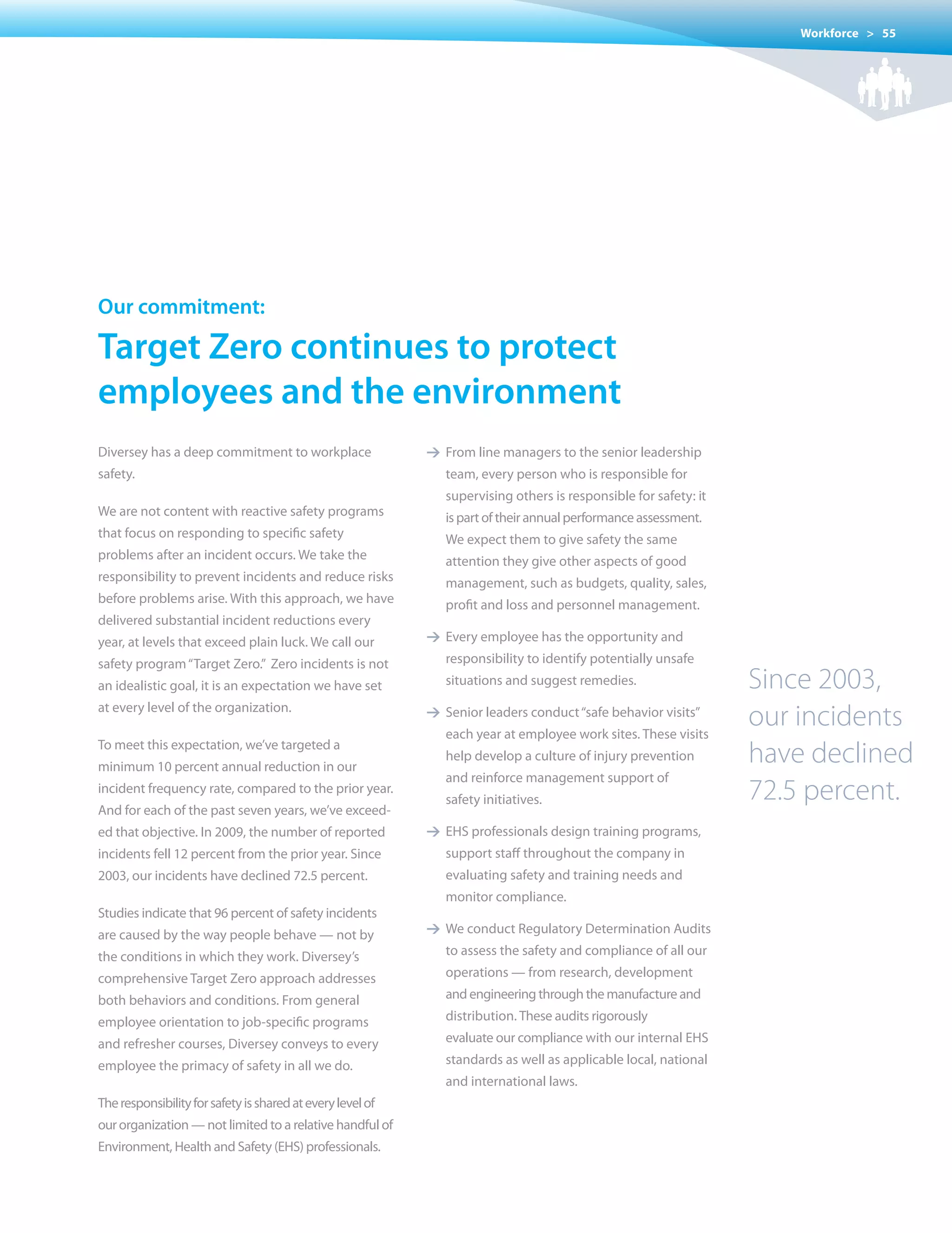 Workforce > 55




our commitment:

target Zero continues to protect
employees and the environment
Diversey has a deep commitment to workplace                 1 From line managers to the senior leadership
safety.                                                        team, every person who is responsible for
                                                               supervising others is responsible for safety: it
We are not content with reactive safety programs               is part of their annual performance assessment.
that focus on responding to specific safety                    We expect them to give safety the same
problems after an incident occurs. We take the                 attention they give other aspects of good
responsibility to prevent incidents and reduce risks           management, such as budgets, quality, sales,
before problems arise. With this approach, we have             profit and loss and personnel management.
delivered substantial incident reductions every
year, at levels that exceed plain luck. We call our         1 Every employee has the opportunity and
safety program “Target Zero.” Zero incidents is not            responsibility to identify potentially unsafe
an idealistic goal, it is an expectation we have set           situations and suggest remedies.                   Since 2003,
at every level of the organization.                         1 Senior leaders conduct “safe behavior visits”
                                                               each year at employee work sites. These visits
                                                                                                                  our incidents
To meet this expectation, we’ve targeted a
minimum 10 percent annual reduction in our
                                                               help	develop	a	culture	of	injury	prevention	       have declined
                                                               and reinforce management support of
incident frequency rate, compared to the prior year.
                                                               safety initiatives.                                72.5 percent.
And for each of the past seven years, we’ve exceed-
ed	that	objective.	In	2009,	the	number	of	reported	         1 EHS professionals design training programs,
incidents fell 12 percent from the prior year. Since           support staff throughout the company in
2003, our incidents have declined 72.5 percent.                evaluating safety and training needs and
                                                               monitor compliance.
Studies indicate that 96 percent of safety incidents
are caused by the way people behave — not by                1 We conduct Regulatory Determination Audits
the conditions in which they work. Diversey’s                  to assess the safety and compliance of all our
comprehensive Target Zero approach addresses                   operations — from research, development
both behaviors and conditions. From general                    and engineering through the manufacture and
employee	orientation	to	job-specific	programs	                 distribution. These audits rigorously
and refresher courses, Diversey conveys to every               evaluate our compliance with our internal EHS
employee the primacy of safety in all we do.                   standards as well as applicable local, national
                                                               and international laws.
The responsibility for safety is shared at every level of
our organization — not limited to a relative handful of
Environment, Health and Safety (EHS) professionals.
 