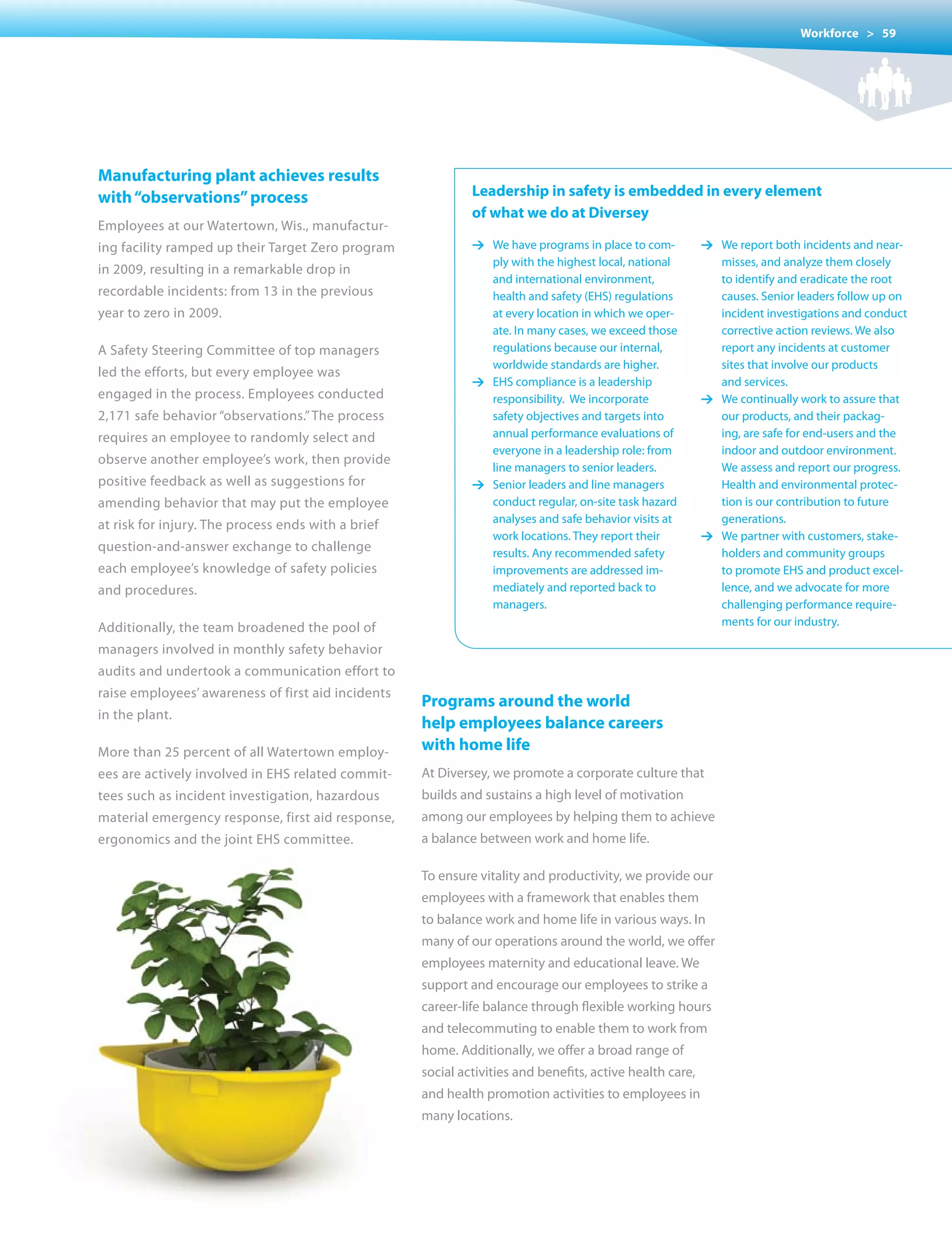 Workforce > 59




Manufacturing plant achieves results
with “observations” process                                   Leadership in safety is embedded in every element
                                                              of what we do at Diversey
Employees at our Watertown, Wis., manufactur-
ing facility ramped up their Target Zero program              1 We have programs in place to com-          1 We report both incidents and near-
                                                                ply with the highest local, national         misses, and analyze them closely
in 2009, resulting in a remarkable drop in
                                                                and international environment,               to identify and eradicate the root
recordable incidents: from 13 in the previous                   health and safety (EHS) regulations          causes. Senior leaders follow up on
year to zero in 2009.                                           at every location in which we oper-          incident investigations and conduct
                                                                ate. In many cases, we exceed those          corrective action reviews. We also
A Safety Steering Committee of top managers                     regulations because our internal,            report any incidents at customer
                                                                worldwide standards are higher.              sites that involve our products
led the efforts, but every employee was
                                                              1 EHS compliance is a leadership               and services.
engaged in the process. Employees conducted                     responsibility. We incorporate             1 We continually work to assure that
2,171 safe behavior “observations.” The process                 safety	objectives	and	targets	into	          our products, and their packag-
requires an employee to randomly select and                     annual performance evaluations of            ing, are safe for end-users and the
                                                                everyone in a leadership role: from          indoor and outdoor environment.
observe another employee’s work, then provide
                                                                line managers to senior leaders.             We assess and report our progress.
positive feedback as well as suggestions for                  1 Senior leaders and line managers             Health and environmental protec-
amending behavior that may put the employee                     conduct regular, on-site task hazard         tion is our contribution to future
                                                                analyses and safe behavior visits at         generations.
at	risk	for	injury.	The	process	ends	with	a	brief	
                                                                work locations. They report their          1 We partner with customers, stake-
question-and-answer exchange to challenge                       results. Any recommended safety              holders and community groups
each employee’s knowledge of safety policies                    improvements are addressed im-               to promote EHS and product excel-
and procedures.                                                 mediately and reported back to               lence, and we advocate for more
                                                                managers.                                    challenging performance require-
                                                                                                             ments for our industry.
Additionally, the team broadened the pool of
managers involved in monthly safety behavior
audits and undertook a communication effort to
raise employees’ awareness of first aid incidents
                                                     Programs around the world
in the plant.
                                                     help employees balance careers
More than 25 percent of all Watertown employ-        with home life
ees are actively involved in EHS related commit-     At Diversey, we promote a corporate culture that
tees such as incident investigation, hazardous       builds and sustains a high level of motivation
material emergency response, first aid response,     among our employees by helping them to achieve
ergonomics	and	the	joint	EHS	committee.              a balance between work and home life.

                                                     To ensure vitality and productivity, we provide our
                                                     employees with a framework that enables them
                                                     to balance work and home life in various ways. In
                                                     many of our operations around the world, we offer
                                                     employees maternity and educational leave. We
                                                     support and encourage our employees to strike a
                                                     career-life balance through flexible working hours
                                                     and telecommuting to enable them to work from
                                                     home. Additionally, we offer a broad range of
                                                     social activities and benefits, active health care,
                                                     and health promotion activities to employees in
                                                     many locations.
 