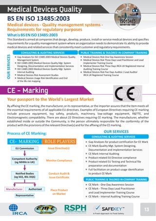 Medical Devices Quality
 BS EN ISO 13485:2003                                                                                                     Medical Devices
                                                                                                                            ISO13485
 Medical devices - Quality management systems -                                                                             ISO14971/ISO 14969

 Requirements for regulatory purposes
 What is BS EN ISO 13485:2003
 This Standard is aimed at companies that design, develop, produce, install or service medical devices and specifies
 requirements for a quality management system where an organization needs to demonstrate its ability to provide
 medical devices and related services that consistently meet customer and regulatory requirements.
                     CONSULTING & AUDITING SERVICES                                  PUBLIC TRAINING & TAILORED IN-COMPANY TRAINING
OUR SERVICES




                  Gap Analyses for ISO 13485:2003 Medical Devices Quality                Medical Devices Risk One Day Awareness Session
                  Management System                                                      Medical Devices Risk Three Days Lead Practitioner and Lead
                  ISO 13485:2003 Medical Devices Quality Mgt. System                     Implementer Training Course
                  Designing, Documentation and Implementation Services                   Medical Devices Risk Three Days IRCA UK Registered Internal
                  ISO 13485:2003 Medical Devices Quality Mgt. System                     Auditing Training Course
                  Internal Auditing                                                      Medical Devices Risk Five Days Auditor / Lead Auditor
                  Medical Devices Risk Assessment Studies                                IRCA UK Registered Training Course
                  Medical Devices Usage Risk Identification and End
                  of the life risk mapping



 CE - Marking
 Your passport to the World's Largest Market
 By affixing the CE marking, the manufacturer, or its representative, or the importer assures that the item meets all
 the essential requirements of all applicable EU directives. Examples of European Directives requiring CE marking
 include pressure equipment, toy safety, products, machinery, low-voltage equipment, R&TTE, and
 Electromagnetic compatibility. There are about 22 Directives requiring CE marking. The manufacturer, whether
 established inside or outside the Community, is the person ultimately responsible for the conformity of the
 product with the provisions of the relevant Directive(s) and for the affixing of the CE marking.

 Process of CE Marking:                                                                                     OUR SERVICES
                                                                                                  CONSULTING & AUDITING SERVICES
        CE- MARKING : ROLE PLAYERS                                                              Gap Analyses for product certification for CE Mark
                                                                                                CE Mark Quality Mgt. System Designing,
                 EU Commission                 Issue Directive(s)
                                                                                                Documentation and Implementation Services
                                                                                                CE Mark Internal Auditing
               Competent Authority                                                              Product related EU Directive compliance
                                             Monitor Compliance                                 Product related EU Testing and Technical file
                 (eg MHRA in UK)
                                                                                                preparation and documentation
                                                                                                Full facilitation on product usage identification
                 Notified Bodies               Conduct Audit &                                  to product CE Mark
                (eg SGS, BSL DQS)              Issue Certificate
                                                                                            PUBLIC TRAINING & TAILORED IN-COMPANY TRAINING
                                                                                                CE Mark - One Day Awareness Session
Manufacturer                Authorized                                                          CE Mark - Three Days Lead Practitioner
                                                 Place Product
                                                   on Market                                    and Lead Implementer Training Course
                 Representative                                                                 CE Mark - Internal Auditing Training Course



                                                              RSPH
                                                              ROYAL SOCIETY FOR PUBLIC HEALTH
                                                              VISION, VOICE AND PRACTICE
                                                                                                                                                   13
 