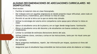 ALGUNAS RECOMENDACIONES DE ADECUACIONES CURRICULARES NO 
SIGNIFICATIVAS 
Nivel escolar: 
• Facilitar el material visto en clase fotocopiado. 
• Dar trabajos extra en aquellas asignaturas en donde presente mayor dificultad, sobre todo en 
lectoescritura y matemática, para reforzar lo visto en clase. 
• Permitir el uso de la letra con la que se sienta más cómodo. 
• Utilizar la estrategia de tutoría entre compañeros como apoyo para reforzar lo vistos en 
clase. 
• Ubicar al estudiante cerca de la pizarra y en un lugar donde tenga buena iluminación. 
• Ubicar al estudiante cerca del docente y de estudiantes con buena conducta y buen 
rendimiento. 
• Limitar la cantidad de estímulos distractores dentro del aula. 
• Utilizar órdenes claras, concisas y cortas en las instrucciones, tanto por vía visual como por 
vía auditiva. 
• Dar ejemplos 
• Hacer preguntas mediadoras, repetir, dar información por etapas, ajustarse al ritmo del 
estudiante. 
• Asegurarse que el estudiante haya entendido las instrucciones antes de elaborar un trabajo. 
 