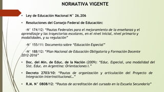 NORMATIVA VIGENTE 
• Ley de Educación Nacional N° 26.206 
• Resoluciones del Consejo Federal de Educación: 
-N° 174/12: “Pautas Federales para el mejoramiento de la enseñanza y el 
aprendizaje y las trayectorias escolares, en el nivel inicial, nivel primario y 
modalidades, y su regulación” 
-N° 155/11: Documento sobre “Educación Especial” 
-N° 188/12: “Plan Nacional de Educación Obligatoria y Formación Docente 
2012-2016” 
• Doc. del Min. de Educ. de la Nación (2009): “Educ. Especial, una modalidad del 
Sist. Educ. en Argentina: Orientaciones I.” 
• Decreto 2703/10: “Pautas de organización y articulación del Proyecto de 
Integración Interinstitucional…” 
• R.M. N° 0808/12: “Pautas de acreditación del cursado en la Escuela Secundaria” 
 