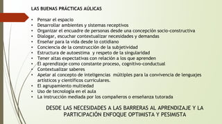 LAS BUENAS PRÁCTICAS AÚLICAS 
• Pensar el espacio 
• Desarrollar ambientes y sistemas receptivos 
• Organizar el encuadre de personas desde una concepción socio-constructiva 
• Dialogar, escuchar contextualizar necesidades y demandas 
• Enseñar para la vida desde lo cotidiano 
• Conciencia de la construcción de la subjetividad 
• Estructura de autoestima y respeto de la singularidad 
• Tener altas expectativas con relación a los que aprenden 
• El aprendizaje como constante proceso, cognitivo-conductual 
• Contextualizar saberes 
• Apelar al concepto de inteligencias múltiples para la convivencia de lenguajes 
artísticos y científicos curriculares. 
• El agrupamiento multiedad 
• Uso de tecnología en el aula 
• La instrucción mediada por los compañeros o enseñanza tutorada 
DESDE LAS NECESIDADES A LAS BARRERAS AL APRENDIZAJE Y LA 
PARTICIPACIÓN ENFOQUE OPTIMISTA Y PESIMISTA 
 