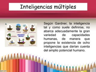 Inteligencias múltiples
Según Gardner, la inteligencia
tal y como suele definirse, no
abarca adecuadamente la gran
variedad de capacidades
humanas, de manera que
propone la existencia de ocho
inteligencias que darían cuenta
del amplio potencial humano.
 