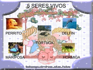 5 SERES VIVOS PERRITO  DELFIN TORTUGA MARIPOSA  HORMIGA 
