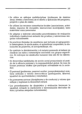 Se utiliza un enfoque multidisciplinar (profesores de distintas
áreas,nivelesy funciones)en el diseño y aplicación del programa,
proyecto o plan de centro.
Se utilizan los recursos comunitarios locales (asociaciones,activi-
dades, espacios de encuentro, innovaciones municipales), tanto
materiales comopersonales.
Se adaptan y elaboran adecuados procedimientos de evaluación
individual e institucional witando las pruebas y valoraciones ses-
gadas culturalmente.
Se practican fórmulas de enseñanza que incluyen el agrupamien-
to heterogéneo, la ayuda mutua,el aprendizaje cooperativo,la ela-
boración de proyectos, el autoaprendizaje,etc.
Se combate la discriminacióny el racismo poniendo el énfasis en
clarificar los mitos y estereotipos asociados con grupos específ-
cos. Se subrayan las similitudeshumanas más aüá de las diferen-
cias.
Se desarrollan habilidades de acción socialpromoviendo el senti-
do de la eficacia personal y la responsabilidad global. Se trata de
formar personas adultas que participan activamente en la socie-
dad.
.El personal fprofesores, personal auxiliar,paraprofesionales)man-
tiene actitudes y valores democriiticos (participación, libertad,
igualdad de oportunidades y resultados)
Sepromueven nomas (disciplinaresy de conducta)y valores que
reflejan y legitimanla diversidad cultural.
Los procedhientos de diagnóstico y evaluación favorecen la
igualdad, evitando la clarificación y discriminación derivadas de
tests y pruebas sesgadas culturalmente).
 