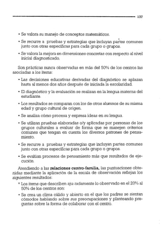 Se valora su manejo de conceptos matemáticos.
Se recurre a pruebas y estrategias que incluyan partes comunes
junto con otras específicas para cada grupo o grupos.
Sevalora la mejora en dimensionesconcretas con respecto al nivel
inicial diagnosticado.
Son practicas nunca observadas en más del 50% de los centros las
asociadas a los items:
Las decisiones educativas derivadas del diagnóstico se aplazan
hasta al menos dos años después de iniciada la escolaridad.
El diagnóstico y la evaluación se realizan en la lengua materna del
estudiante.
Los resultados se comparan con los de otros alumnos de su misma
edad y grupo cultural de origen.
Se analiza cómo procesa y expresa ideas en su lengua
Se utilizan pruebas elaboradas oly aplicadas por personas de los
grupos culturales a evaluar de forma que se manejen criterios
comunes que tengan en cuenta los diversos patrones de pensa-
miento.
Se recurre a pruebas y estrategias que incluyan partes comunes
junto con otras especificas para cada grupo o grupos.
Se evalúan procesos de pensamiento mas que resultados de eje-
cución.
Atendiendo a las relaciones centro-familia,las puntuaciones obte-
nidas mediante la aplicación de la escala de observación reflejan los
siguientes resultados:
* Los items que describen aju:.tadamentelo observado en el 20% al
50% de los centros son:
Se crea un clima cálido y abierto en el que los padres se sientan
cómodos hablando sobre sus preocupaciones y planteando pre-
guntas sobre la forma de colaborar con el centro.
 