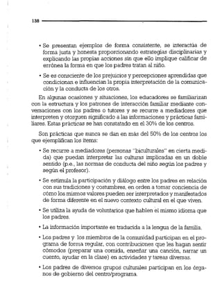 Se presentan ejemplos de forma consistente, se interactúa de
forma justa y honesta proporcionando estrategias disciplinarias y
explicandolas propias acciones sin que ello implique calificar de
errónea la forma en que los padres tratan al niño.
Se es consciente de los prejuicios y percepciones aprendidas que
condicionan e infiuencianla propia interpretaciónde la comunica-
ción y la conducta de los otros.
En algunas ocasiones y situaciones,los educadores se familiarizan
con la estructura y los patrones de interacción familiar mediante con-
versaciones con los padres o tutores y se recurre a mediadores que
interpreten y otorguen sisnificado a las informacionesy prácticas fami-
liares.Estas prácticas se han constatado en el 30% de los centros.
Son prácticas que nunca se dan en más del 50% de los centros los
que ejemplifican los items:
Se recurre a mediadores (personas "biculturaies" en cierta medi-
da) que puedan interpretar las culturas implicadas en un doble
sentido @.e.,las normas de conducta del nifio según los padres y
según el profesor).
Se estimula la participacióny diálogo entre los padres en relación
con sus tradiciones y costumbres, en orden a tomar conciencia de
cómolos mismos valorespueden ser interpretados y manifestados
de forma diferente en el nuevo contexto culhual en el que viven.
Se utiliza la ayuda de voluntarios que hablen el mismo idioma que
los padres.
La información importante es traducida a la lengua de la familia
Los padres y los miembros de la comunidad participan en el pro-
grama de forma regular, con contribuciones que les hagan sentir
cómodos (preparar una comida, enseñar una canción, narrar un
cuento, ayudar en la clase) en actividadesy tareas diversas.
Los padres de diversos grupos culturales participan en los órga-
nos de gobierno del centro/programa.
 