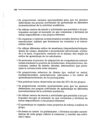 Se proporcionan variadas oportunidades para que los alumnos
determinen sus propias actividades de aprendizaje en diferentes
momentos/áreas de la actividad académica.
Se utilizan centrosde interés y actividadesque permitan a los par-
ticipantes escoger el momento en que comienzan y terminan las
tareas respondiendo a sus propios intereses
Se organizany celebran acontecimientossocialesdiversos (fiestas,
exposiciones, salidas) que favorezcan los contactos y el conoci-
miento mutuo.
Se utilizan diferentes estilos de ensefianza (dependientelindepen-
diente de campo, altamente o escasamente estructurado, orienta-
do a la tarea, cooperativo, centrado en el alumno, etc) según los
estilos de aprendizaje de los estudiantes.
Se promueve el proceso de adquisición de competencias intercul-
turales mediante lapráctica de simulaciones,dramatizaciones,dis-
cusiones, centros de interés, debates, intercambios que provo-
quen la comunicación entre alumnos.
Se proporcionan refuerzos de diverso tipo -verbal/ no verbal,
mediato/iiediato, materiailsocial- adecuados a los estilos de
aprendizajelmotivaciónde los participantes.
* Son prácticas nunca observadas en más del 40% de los grupos:
Se proporcionan variadas oportunidades para que los alumnos
determinen sus propias actividades de aprendizaje en diferentes
momentosláreasde la actividad académica.
Se utilizan centrosde interés y actividadesque permitan a los par-
ticipanes escoger el momento en que comienzan y terminan las
tareas respondiendo a sus propios intereses
El aprendizaje se organiza comoproyectos de trabajo a realizar en
grupo.
Se tienen en cuenta los preliminares y fórmulas sociales caracte-
rísticas de cada grupo cultural al comenzar y concluir una activi-
dad o tarea.
 