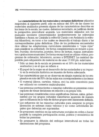 Las características de los materialesy recursos didácticos utilizados
responden al siguiente perfil: sólo en menos del 30% de las clases los
materiales analizadospresenta alguna de las características descritas en
los items de la escala,las cuales,debemos recordarlo,sejusfifican desde
la perspectiva interculhual asumida. Los materiales utilizados son los
manuales escolares comercializados @referentemente las editoriales
Santillanay Anaya;en Cataluñala editorial Casalsy enAndalucía la edito-
rial Alhambra),en tomo a los cuales se desarrolla el trabajo diario y las
correspondientes guias didádcas. (Uno de los profesores encuestados
dice utilizar las adaptaciones curriculares ministeriales o "cajas rojas"
para planificar su actividad).De forma complementaria se recurre a pos-
ters, murales, diccionarios,postales, libros de lectura,mapas, instrumen-
tosy grabacionesmusicales.De forma excepcionalseutilizanvideos,pro-
gramas de ordenador,laboratorio, acceso a INTERNET.La caniidad dis-
ponible para adquisiciónde material es de unas 17.000pts. aulaicurso.
* Sólo un item de la escala se presenta en el 30% de los materiales
analizados y es el que se refiere a:
El papel de la mujer en el desarrollode las sociedades y su impac-
to en la evolución histórica se muestra de forma adecuada.
*Las caracteristicasque no se observan en ningún material de los em-
pleadosenmás del50%delasaulassoncorrespondientesalositems:
El material (libros, carteles, videos, etc) ha sido concebido para
ser utilizado en contextos multiculturales.
Las personaspertenecientesa minorias cultumlessepresentan como
capaces de tomar decisionesen relación a su propia vida.
Las personas consideradas como significativas (héroes,mitos, gober-
nantes) por los grupos culturaies minoritarios aparecen de manera
que su inlluencia enlavida de dichosgrupos esté claramentedefinida.
Los esfuerzos de las minorías culturales para asegurar su propia
liberación se estiman como valiosos y no como actividades ile-
gales que deberían ser suprimidas.
Se proponen cambios en las estructuras sociales en orden a hacer
posible la completa participación social,poiítica y económica de
todas las personas.
Se promueve la difusión del enfoque intercultural en todas las
dimensiones del programa.
 