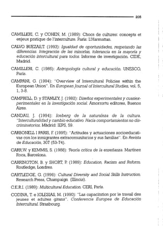 CAMJLLERI, C. y COHEN, M. (1989): Chocs de cultures: concepts et
enjeux pratique de l'interculture.París: L'Harmattan.
CALVO BUEZAS,T. (1993): Igualdad de oportunidades, respetando las
diferencias. Integración de las minonas, tolerancia en la mayoria y
educación intercultural para todos. Informe de investigación. CIDE,
Madrid.
CAMILLERI, C. (1985): Antropologia cultural y educación. UNESCO,
París.
CAMPANI, G. (1994): "Overview of Intercultural Policies wiihin the
European Union". En EuropeanJournal ofInterculturalStudies,vol. 5,
1,3-8.
CAMPBELL,D. y ST-, J. (1982):Diseños experimentales y cuasiex-
perimentales en la investigación social. Arnorrortu editores, Buenos
Aires.
CANDAU, J. (1994): Iceberg de la naturaleza de la cultura.
"Interculturalidady cambio educativo.Hacia comportamientosno dis-
criminatorios.Madrid: IEPS, 59.
CARBONELL 1PAEüS, E (1995): "Actitudes y actuaciones socioeducati-
vas con los inrnigrantes extracomunitarios y sus familias".En Revista
de Educación, 307 (53-74).
CARR,W y KEMMIS, S. (1988): Teoria critica de la enseñanza. Martínez
Roca, Barcelona.
CARRINGTON, B. y SHORT, E! (1989): Education, Racism and Reform.
Routledge, Londres.
CARTLEDGE, G. (1996): Cultural Diversity and Social S!ds Instruction.
Research Press, Champaign (Ihois).
C.E.R.I.(1989): Multicultural Education. CERI,París.
CODINA,T. e IGLESIAS, M. (1990): "Las capacitation por le travail des
jeunes et adultes gitans". Conferencia Europea de Educación
Intercultural.Strasbourg.
 