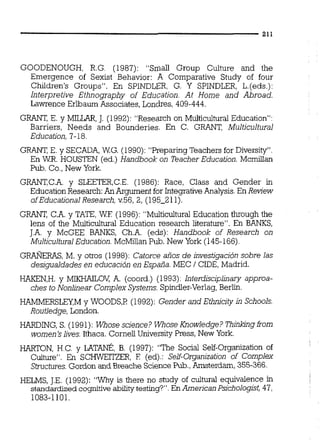 GOODENOUGH, R.G. (1987): "Small Group Culture and the
Emergente of Sexist Behavior: A Comparative Study of four
Children's Groups". En SPINDLER, G. Y SPINDLER, L.(eds.):
Interpretjve Ethnography of Education. At Home and Abroad.
Lawrence Erlbaum Associates, Londres, 409-444.
GRANT, E. y MILLAR, J. (1992): "Research on MulticuituralEducation":
Barriers, Needs and Bounderies. En C. GRANT, Multicultural
Education, 7- 18.
GRANT, E. y SECADA,WG. (1990): "Pseparing Teachers for Diversity".
En WR. HOUSTEN (ed.) Handbook on Teacher Education. Mcmiüan
Pub. Co.,New York.
GRANT,C.A. y SLEETER,C.E. (1986): Race, Class and Gender in
Education Research:An Argument for Integrative Anaiysis.En Review
of Educational Research, v.56, 2, (195-2 11).
GRANT, C.A. y TATE,WE (1996): "Muiticultural Education through the
lens of the Multicultural Education research literature". En BANKS,
J.A. y McGEE BANKS, Ch.A. (eds): Handbook of Research on
Multicultural Education. McMillanPub.New York (145-166)
G m R A S , M. y otros (1998): Catorce años de investigación sobre las
desigualdades en educación en España. MEC / CIDE,Madrid.
HAKEN,H. y MIKHAILOV, A. (coord.) (1993): Interdisciplinary approa-
ches to Nonlinear Complex Systems.Spindler-Verlag,Berlín.
HAMMERSLC(,My WOODS,P (1992): Gender and Ethnicity in Schools.
Routledge, London.
HARDING, S. (1991): Whose science? Whose Knowledge? T h i m g from
women's Iives. Ithaca. Corneli University Press, New York.
HARTON, H.C. y LATANÉ, B. (1997): "The Social Self-Organization of
Culture". En SCHWEITZER, E (ed).: Self-Organization of Complex
Structures.Gordon and Breache SciencePub.,Arnsterdam,355-366.
HELMS, J.E. (1992): "Why is there no siudy of cultural equivalente in
standardized cognitive abiliiytestinp". En American Psichologist, 47,
1083-1101.
 