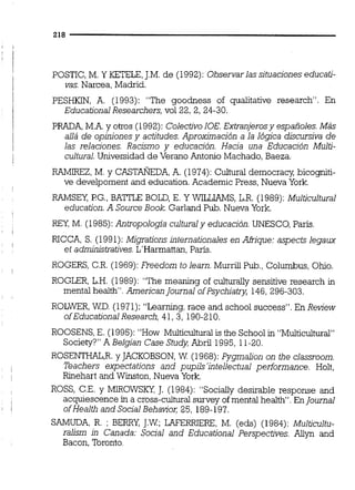 POSTIC, M . Y KETELE,J.M.de (1992):Observarlassituaciones educati-
vas. Narcea, Madrid.
PESHKIN, A. (1993): "The goodness of qualitative research". En
Educational Researchers, vol 22, 2, 24-30.
P m A , M.A. y otros ( 1992):ColectivoIOE. Extranjerosy españoles.Más
allá de opiniones y actitudes.Aproximación a la lógica dicursiva de
las relaciones. Racismo y educación. Hacia una Educación Multi-
cultural.Universidad de VeranoAntonio Machado, Baeza.
RAMIREZ,M . y CASTAÑEDA,A. (1974):Cultural democracy, bicogniti-
ve develpoment and education. Academic Press,Nueva York.
RAMSEi' PG., BATTLE BOLD, E. Y WILLIAMS,L.R. (1989):Multicultural
education.A Source Book. Garland Pub. Nueva York.
RFI, M . (1985):Antropología culturaly educación.UNESCO,París.
RICCA, S. (1991):Migrations internationales en Afrque: aspectc legaux
et administratives.L'Harmattan,París.
ROGERS, C.R. (1969):Freedom to learn.Murrill Pub.,Columbus, Ohio.
ROGLER, L.H. (1989):"The meaning of cuiturally sensitive research in
mental health".AmericanJournal ofpsychiatry, 146, 296-303.
ROLWER, WD. (1971):"Learning,race and school success". En Review
ofEducational Research, 41, 3, 190-210.
ROOSENS, E. (1995):"How Muiticuitural is the School in "Muiticultural"
Society?" A Belgian Case Study; Abril 1995, 11-20.
ROSENTHAL,R.y JACKOBSON,W (1968):Pygmaiion on ihe classroom.
Teachers expectations and pupils'intellectual performance. Holt,
Rinehart and Winston,Nueva York.
ROSS, C.E.y MIROWSKY, J. (1984):"Socially desirable response and
acquiescence in a cross-culturalsurvey ofmental health". EnJournal
ofHealih and Social be ha vio^; 25, 189-197.
SAMüDA, R. ; BERRY J.W;LAFERRIERE, M. (e&) (1984):Multicultu-
ralism in Canada: Social and Educational Perspectives. Allyn and
Bacon,Toronto.
 