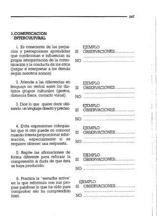 1.Es consciente de los prejui-
cios y percepciones aprendidas
que condicionan e infiuencian su
propia interpretación de la comu-
nicacióny la conductade los otros
(juzgar e interpretar a los demás
según nosotros somos).
2. Atiende a las diferencias en
lenguaje no verbal entre los dis-
tintos grupos culturaies (gestos,
distancia fisica,contacto visual)
3. Dice lo que quiere decir uüli-
zando unlenguajedirectoypreciso.
EJEMPLO
SI OBSERVACIONES.
EJEMPLO
SI OBSERVACIONES....................
EJEMPLO
....................SI OBSERVACIONES
4. Evita exuresiones coloquia- FT"l m-,T r
L J L l V W L i V
...................les que puede conocer SI OBSERVACIONES.cuando intentaproporcionarinfor- ...................................................
mación, especialmente si se ...................................................requiere obtener una NO
5. Repite las afirmaciones de
forma diferente para reforzar la EJEMPLO
....................comprensión si duda de que ésta SI OBSERVACIONES
...................................................se haya producido.
...................................................NO
6. Practica la "escucha activa"
en la que reformula con sus pro- EJEMPLO
....................Dias Dalabras lo que ha oído para SI OBSERVACIONES
bomirobar silo ha comprendido ...................................................
bien. NO ...................................................
 