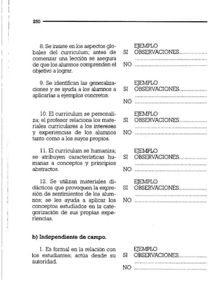 8.Seinsiite enlos aspectosglo- EJEMPLO
bales del curriculum; antes de SI OBSERVACIONES....................
comenzar una lección se asegura ...................................................
de que los alumnoscomprenden el NO ...................................................
objetivo a lograr.
9. Se identifican las generaliza- EJEMF'LO
....................ciones y se ayuda a los alumnos a SI OBSERVACIONES
aplicarlas a ejemplos concretos. .,.,.,,.,,.,.,,.,.,..,..,.,.,,.,..,.,..,..,..,.,..,
NO ...................................................
10.El curriculum se personaii- EJEMPLO
za; el profesor relaciona los mate- SI OBSERVACIONES....................
riales curriculares a los intereses ...................................................
y experiencias de los alumnos NO ...................................................
tanto como a los suyos propios.
11. El curriculum se humaniza; EJEMPLO
....................se atribuyen características hu- SI OBSERVACIONES
manas a conceptos y principios ...................................................
abstractos. NO ............................................
12. Se utilizan materiales di- EJEMPLO
dácticos que provoquen la expre- SI OBSERVACIONES....................
sión de sentimientos de los alum- ...................................................
...................................................nos; se les ayuda a aplicar los NO
conceptos estudiados en la cate-
gorización de sus propias expe-
riencias.
b) Independiente de campo.
1.Es formal en la relación con EJEMPLO
los estudiantes; actúa desde su SI OBSERVACIONES....................
autoridad. ...................................................
NO ...................................................
 