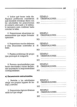 4. Indica qué hacer cada día.
Algunos profesores consideran
que iniciando el trabajo diariocon
los estudiantes les proporcionan
el contacto adecuado y el estímu-
lo necesario para continuar hasta
concluir la tarea.
5. Proporcionan situaciones no
amenazantes que exijan formular
opiniones.
6.Proporcionamucha alabanza
y crea situaciones orientadas al
éxito.
7. Plantea problemas de grupo
que provoque el compartir.
EJEMPLO
SI OBSERVACIONES....................
...................................................
NO .......................... ................
EJEMPLO
SI OBSERVACIONES
EJEMPLO
..........SI OBSERVACIONES
EJEMPLO
SI OBSERVACIONES
8. Provoca oportunidades para EJEMPLO
....................hacer elecciones y tomar decisio- SI OBSERVACIONES
nes asumiendola responsabilidad ...................................................
...................................................correspondiente. NO
e)Escasamente estructurados.
1. Permite a los estudiantes EJEMPLO
....................elegir sus propios lugares de tra- SI OBSERVACIONES
...................................................bajo y estudio.
...................................................NO
2. Proporcionatópicosdiversos EJEMPLO
....................entre los que elegir. SI OBSERVACIONES
 