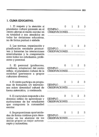 1. CLIMA EDUCATWO.
1. El respeto y la atención al
pluralismo cultural presente en el
centro afectan el medio escolar en
su totalidad y son atendidos en
todas las decisiones educativas,
no de forma puntual o aislada
2. Las normas, organización y
planificación escolares promue-
ven y fomentan las interacciones
interculturales y la comprensión
entre todos los estudiantes, profe-
sores y personal.
3. El personal (profesores,
auxiliares, voluntarios) del centro
refleja el pluralismo cultural de la
sociedad (pertenece a grupos
culturales diversos).
4. El cenko participa enprogra-
mas de formación o/y innwacio-
nes sobre diversidad cultural de
forma sistemática, y continuada.
5.El curriculum responde a los
diversos esiilos de aprendizaje y
motivaciones de los estudiantes
que componen la comunidad
escolar.
6.Seproporcionan oportunida-
des de forma continua para desa-
rrollar en los alumnos de los
demás grupos un mejor autocon-
cepto y autoestima.
o 1 2 3
EJEMPLO..........................................
OBSERVACIONES...........................
o 1 2 3
EJEMPLO..........................................
OBSERVACIONES...........................
o 1 2 3
EJEMPLO..........................................
OBSERVACIONES...........................
o 1 2 3
EJEMPLO..........................................
OBSERVACIONES...........................
...........................................................
o 1 2 3
EJEMPLO..........................................
.........................OBSERVACIONES..
O 1 2 3
EJEMPLO..........................................
.........................OBSERVACIONES..
 