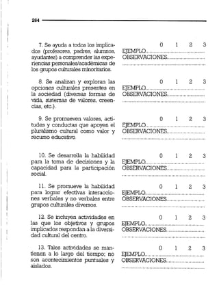 7. Se ayuda a todos los implica- O 1 2 3
..........................................dos (profesores, padres, alumnos, EJEMPLO
ayudantes)a comprender las expe- OBSERVACIONES...........................
riencias personales/académicasde ...........................................................
los grupos culturaiesminoritarios.
8. Se analizan y exploran las 0 1 2 3
opciones culturales presentes en EJEMPLO..........................................
la sociedad (diversas formas de OBSERVACIONES...........................
vida, sistemas de valores, creen- ...........................................................
cias,etc.)
9. Se promueven valores, acti- O 1 2 3
..........................................tudes y conductas que apoyen el EJEMPLO
...........................pluralismo cultural como valor y OBSERVACIONES
recurso educativo. ...........................................................
10. Se desarrolla la habilidad O 1 2 3
..........................................para la toma de decisiones y la EJEMPLO
...........................capacidad para la participación OBSERVACIONES
social. ...........................................................
11. Se promueve la habilidad 0 1 2 3
..........................................para lograr efectivas interaccio- EjEMPLO
nes verbales y no verbales entre OBSERVACIONES...........................
grupos culturalesdiversos. ...........................................................
12. Se incluyen actividades en O 1 2 3
las que los objetivos y grupos EJEMPLO..........................................
implicados respondan a la diversi- OBSERVACIONES...........................
dad culturaldel centro. ...........................................................
13. 'Mes actividades se man- O 1 2 3
..........................................tienen a lo largo del tiempo; no EJEMPLO
son acontecimientos puntuales y OBSERVACIONES...........................
aislados. ...........................................................
 