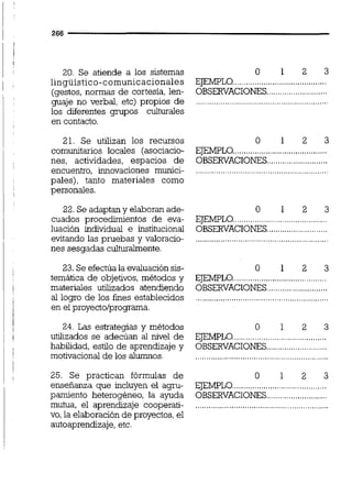 20. Se atiende a los sistemas O 1 2 3
..........................................lingüístico-comunicacionales EJEMPLO
(gestos, normas de cortesía, len- OBSERVACIONES...........................
.......................................................guaje no verbal, etc) propios de
los diferentes grupos culturales
en contacto.
21. Se utilizan los recursos 0 1 2 3
..........................................comunitarios locales (asociacio- EJEMPLO
nes, actividades, espacios de OBSERVACIONES...........................
.......................................................encuentro, innovaciones munici-
pales), tanto materiales como
personales.
22.Se adaptan y elaboran ade- O 1 2 3
cuados procedimientos de eva- EJEMPLO..........................................
luación individual e instiiucional OBSERVACIONES...........................
evitando las pruebas y valoracio- .........................................................
nes sesgadas culturalmente.
23. Se efectúa la waluación sis- O 1 2 3
temática de objetivos, métodos y EJEMPLO..........................................
materiales utilizados atendiendo OBSERVACIONES...........................
al logro de los fines establecidos ....................................................
en el proyecto/prograrna.
24. Las estrategias y métodos 0 1 2 3
..........................................utilizados se adecúan al nivel de EJEMPLO
...........................habilidad, estilo de aprendizaje y OBSERVACIONES
motivacional de los alumnos. ...........................................................
25. Se practican fórmulas de 0 1 2 3
enseñanza que incluyen el agn- EJEMPLO..........................................
...........................pamiento heterogéneo, la ayuda OBSERVACIONES
mutua, el aprendizaje cooperati- ....................... ..........................
vo,la elaboraciónde proyectos,el
autoaprendizaje,etc.
 