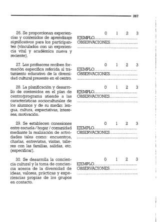 26. Se proporcionan experien-
cias y contenidos de aprendizaje
significativos para los participan-
tes (vinculados con un experien-
cia vital y acadbmica nueva y
reciente).
27. Los profesores reciben for-
mación especifica referida al tra-
tamiento educativo de la diversi-
dad cultural presente en el centro.
28. La planif'cación y desarro-
ilo de contenidos en el plan de
centrolprograma atiende a las
caractensticas socioculturales de
los alumnos y de su medio: len-
gua, cultura, expectativas, intere-
ses,motivación.
29. Se establecen conexiones
entre escuela 1hogar / comunidad
mediante la realización de activi-
dades tales como: encuentros,
charlas, entrevistas, visitas, talle-
res con las familias, salidas, etc.
(especificar).
30. Se desarrolla la concien-
cia cultural y la toma d e concien-
cia acerca de la &versidad de
ideas, valores, prácticas y expe-
riencias propias de los grupos
en contacto.
EJEMPLO.. l
........................................
OBSERVACIONES........................... !
-
EJEMPLO..........................................
OBSERVACIONES...........................
o 1 2 3
EJEMPLO..........................................
OBSERVACIONES...........................
EJEMPLO..........................................
OBSERVACIONES...........................
........................................EJEMPLO..
OBSERVACIONES.................
 