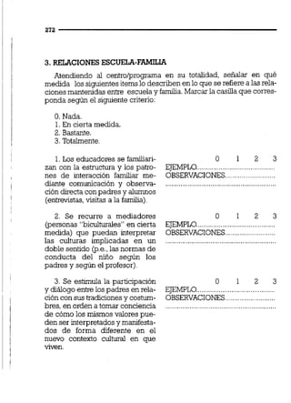 3.RELACIONESESCUELA-FAMILIA
Atendiendo al centrolprograma en su totalidad, señalar en qué
medida los siguientesitemslo describenenlo que se refiere a las rela-
cionesmantenidasentre escuela y familia.Marcar la casilla que corres-
ponda según el siguientecriterio:
O. Nada.
1.En cierta medida.
2. Bastante.
3. Totalmente.
1.Los educadores se familiari- 0 1 2 3
zan con la estructura y los patro- EJEMPLO..........................................
...........................nes de interacción familiar me- OBSERVACIONES
diante comunicación y observa- ...........................................................
ción directa con padres y alumnos
(entrevistas,visitas a la familia)
2. Se recurre a mediadores 0 1 2 3
(personas "biculturaies" en cierta EJEMPLO..........................................
medida) que puedan interpretar OBSERVACIONES...........................
las culturas implicadas en un ...........................................................
doble sentido @.e.,las normas de
conducta del niño según los
padres y según el profesor).
3. Se estimula la participación O 1 2 3
y diálogo entre los padres en rela- EJEMPLO..........................................
cióncon sus tradicionesy costum- OBSERVACIONES........................
bres, en orden a tomar conciencia ...................... ...............................
de cómo los mismos valores pue-
den ser interpretadosy manifesta-
dos de forma diferente en el
nuevo contexto cuiturai en que
viven.
 