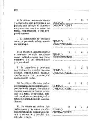 6. Se utilizan centros de interés O 1 2 3
..........................................y actividades que permitan a los EJEMPLO
participanes escoger el momento OBSERVACIONES...........................
...........................................................en que comienzan y terminan las
tareas respondiendo a sus pro-
pios intereses
7. El aprendizaje se organiza 0 1 2 3
..........................................como proyectos de trabajo a real- EJEMPLO
zar en grupo. OBSERVACIONES...........................
8.Se atiende a las necesidades O 1 2 3
e intereses de cada estudiante EJEMPLO..........................................
como individuo antes que como OBSERVACIONES...........................
miembro d e un determinado ...........................................................
grupo cultural.
9. Se organizan y celebran O 1 2 3
acontecimientos sociales diversos EJEMPLO..........................................
(fiestas, exposiciones, salidas) OBSERVACIONES...........................
que favorezcan los contactos y el ....................................................
conocimiento mutuo.
10.Se utilizandiferentes estilos
de enseñanza (dependientelmde-
pendiente de campo, altamente o
escasamente estructurado, orien-
tado a la tarea, cooperativo, cen-
trado en el alumno,etc.)según los
estilos de aprendizaje de los estu-
diantes.
O 1 2 3
EJEMPLO..........................................
OBSERVACIONES...........................
12. Se tienen en cuenta los 0 1 2 3
..........................................preliminares y fórmulas sociales EJEMPLO
...........................características de cada grupo cul- OBSERVACIONES
tural al comenzar y concluir una ....................................................
actividad o tarea.
 