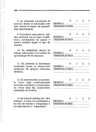8. La actividad conceptual se 0 1 2 3
..........................................provoca desde el estudiante más EJEMPLO
...........................que desde el objeto de aprendi- OBSERVACIONES
zaje directamente. ...........................................................
9. El profesor armoniza la cdi- O 1 2 3
dez personal con el rigor acadé- EJEMPLO..........................................
...........................mico, combinadas en mayor o OBSERVACIONES
menor medida según el tipo de .......................................................
alumno.
10. Se establecen ritmos de O 1 2 3
trabajo adecuados a los estilos de EJEMPLO..........................................
aprendizaje de los alumnos. OBSERVACIONES...........................
11. Se potencia la enseñanza O 1 2 3
..........................................orientada hacia la interacción EJEMPLO
...........................recíproca de grupos culturales OBSERVACIONES
diversos. ...........................................................
12.El conocimientose presen- 0 1 2 3
ta como algo continuamente EJEMPLO..........................................
recreado, reciclado y compartido, OBSERVACIONES...........................
no como algo fijo, inamovible, ...........................................................
contenido en el libro)
13.Setrata de enseñar de "ora 0 1 2 3
manera" a todos los estudiantes y EJEMPLO..........................................
...........................no sólo de ayudar y compensar a OBSERVACIONES
los minoritarios o "especiales". ...........................................................
 