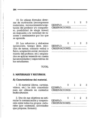 19. Se utilizan fórmulas diver-
sas de motivación (recompensas 0 1 2 3
materiales, reconocimiento/acep- EJEMPLO..........................................
tación del profesor y10 compañe- OBSERVACIONES...........................
ro, posibilidad de elegir tareas) ...........................................................
en respuesta a la variedad de ra-
zones o sentimientos por los que
se aprende.
20. Los refuerzos y alabanzas O 1 2 3
..........................................@remoción, tiempo libre, elec- EJEMPLO
...........................ción de tareas. contacto verbal o OBSERVACIONES
fisico,aceptación social,reconoci- ...........................................................
miento del profesor,etc.) emplea-
dos se aplicanteniendo en cuenta
las necesidades y expectativas de
los estudiantes.
TOTAL
3. MATERIKLES Y RECURSOS.
A) Características del material.
1. El material (hbros, carteles, 0 1 2 3
videos, etc.) ha sido concebido EJEMPLO..........................................
para ser utilizado en contextos OBSERVACIONES...........................
rnulticulturales. ...........................................................
2. Uno de sus objetivos es esti- O 1 2 3
mular la comunicacióny coopera- EJEMPLO..........................................
ción entre todos los grupos cultu- OBSERVACIONES...........................
rales (por contenido, actividades ...........................................................
que propone, formato)
 