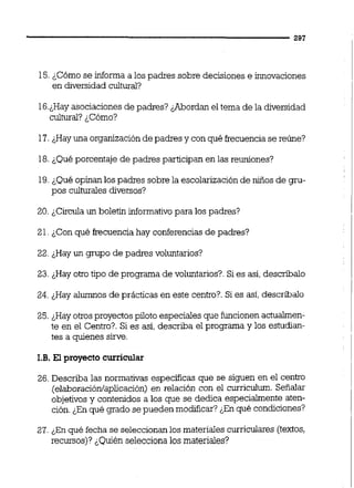 15.¿Cómo se informa a los padres sobre decisiones e innovaciones
en diversidadcultural?
16.iHayasociacionesde padres? &bordan el tema de la diversidad
cultural? ¿Cómo?
17.¿Hayuna organizaciónde padres y con qué Frecuenciase reúne?
18.¿Qué porcentaje de padres participan en las reuniones?
19.¿Qué opinan los padres sobre la escolarizaciónde niños de gru-
pos culturalesdiversos?
20. ¿Circula un boletín informativopara los padres?
21.¿Con qué frecuencia hay conferencias de padres?
22. &Hayun grupo de padres voluntarios?
23. ¿Hay otro tipo de programa de voluntarios?.Sies así,descríbalo
24. ¿Hay a l m o s de prácticas en este centro?. Si es así, descríbalo
25. ¿Hay otrosproyectos piloto especiales que funcionen actualmen-
te en el Centro?. Si es así, describa el programa y los estudian-
tes a quienes sirve.
I.B.El proyecto curricular
26. Describa las normativas especificas que se siguen en el centro
(elaboración~aplicación)en relación con el curriculum. Señalar
objetivosy contenidos a los que se dedica especialmente aten-
ción.¿Enqué grado se pueden modificar?¿En qué condiciones?
27. ¿En qué fecha se seleccionanlos materiales curricuiares (textos,
recursos)? ¿Quién selecciona los materiales?
 