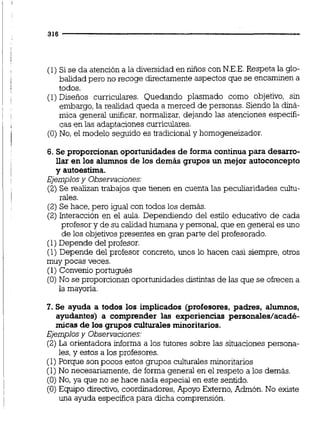 (1) Si se da atención a la diversidaden niños con N.E.E.Respeta la glo-
balidad pero no recoge directamente aspectos que se encaminen a
todos.
(1)Diseños curriculares. Quedando plasmado como objetivo, sin
embargo,la realidad queda a merced de personas. Siendo la diná-
mica general unificar, normalizar, dejando las atenciones específi-
cas en las adaptaciones curricuiares.
(O) No, el modelo seguido es tradicionaly homogeneizador.
6. Se proporcionan oportunidades de forma continuapara desarro-
llar en los alumnos de los demás grupos un mejor autoconcepto
y autoestima.
Ejemplosy Observaciones:
(2) Se reaiizan trabajos que tienen en cuenta las peculiaridades cultu-
rales.
(2)Se hace,pero igual con todos los demás.
(2) Interacción en el aula. Dependiendo del estilo educativo de cada
profesor y de su calidadhumana y personal, que en general es uno
de los objetivos presentes en gran parte del profesorado.
(1)Depende del profesor.
(1) Depende del profesor concreto,mos lo hacen casi siempre, otros
muy pocas veces.
(1) Convenioportugués
(O) No se proporcionan oportunidades distintasde las que se ofrecen a
la mayona.
7. Se ayuda a todos los implicados (profesores, padres, alumnos,
ayudantes) a comprender las experiencias personales/acade-
micas de los grupos culturales minoritarios.
Ejemplosy Observaciones:
(2)La orientadora informa a los tutores sobre las situaciones persona-
les,y estos a los profesores.
(1)Porque son pocos estos grupos culturales minoritarios
(1)No necesariamente, de forma general en el respeto a los demás.
(O) No, ya que no se hace nada especial en este sentido.
(O) Equipo directivo,coordinadores,Apoyo Externo,Admón. No existe
una ayuda específicapara dicha comprensión.
 