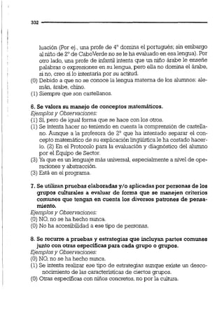 luación (Por ej.,una profe de 4" domina el poriugués; sin embargo
alniño de 2" de Caboverde no se le ha evaluado en esa lengua).Por
otro lado, una profe de infantil intenta que un niño árabe le enseñe
palabras o expresiones en su lengua,pero ella no domina el árabe,
si no, creo sí lo intentaría por su actitud.
(O)Debido a que no se conoce la lengua materna de los alumnos: ale-
mán, árabe, chino.
(1) Siempre que son castellanos.
6. Se valora su manejo de conceptos matemáticos.
Ejemplosy Observaciones:
(1) Si,pero de igual forma que se hace con los otros.
(1) Se intenta hacer no teniendo en cuenta la comprensión de casteila-
no. Aunque a la profesora de 2" que ha intentado separar el con-
cepto matemático de su explicaciónlingüíítica le ha costado hacer-
lo. (2) En el Protocolo para la evaluación y diagnóstico del alumno
por el Equipo de Sector.
(3)Ya que es un lenguaje más universal, especialmente a nivel de ope-
raciones y abstracción.
(3)Está en el programa.
1.Se utilizanpruebaselaboradasy/o aplicadaspor personasde los
grupos culturales a evaluar de forma que se manejen criterios
comunes que tengan en cuenta los diversos patrones de pensa-
miento.
Ejemplosy Observaciones:
(O) NO, no se ha hecho nunca.
(O)No ha accesibilidad a ese tipo de personas.
8. Se recurre a pruebas y estrategias que incluyan partes comunes
junto con otras específicas para cada grupo o grupos.
Ejemplosy Observaciones:
(O)NO, no se ha hecho nunca.
(1) Se intenta realizar ese tipo de estrategias aunque existe un desco-
nocimiento de las característicasde ciertos grupos.
(O) Otras específicas con niños concretos,no por la cultura.
 