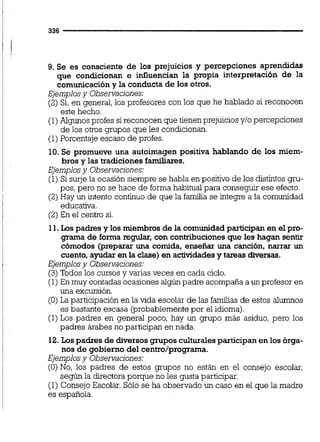 9. Se es consciente de los prejuicios y percepciones aprendidas
que condicionan e inüuencian la propia interpretación de la
comunicacióny la conducta de los otros.
Ejemplosy Observaciones:
(2) Si,en general, los profesores con los que he hablado si reconocen
este hecho.
(1)Algunos profes si reconocen que tienenprejuiciosy10 percepciones
de los otros grupos que les condicionan.
(1)Porcentaje escaso de profes.
10. Se promueve una autoimagen positiva hablando de los miem-
bros y las tradiciones familiares.
Ejemplosy Observaciones:
(1)Si surje la ocasión siempre se habla en positivo de los distintos gru-
pos, pero no se hace de forma habitualpara conseguir ese efecto.
(2) Hay un intento continuo de que la familia se integre a la comunidad
educativa.
(2)En el centro si.
11.Los padres y los miembros de la comunidad participan en el pro-
grama de forma regular, con contribucionesque les hagan sentir
cómodos @repararuna comida, enseñar una canción, narrar un
cuento, ayudar en la clase) en actividadesy tareas diversas.
Ejemplosy Observaciones:
(3) Todos los cursos y varias veces en cada ciclo.
(1)En muy contadas ocasiones algúnpadre acompaña a un profesor en
una excursión.
(O) La participaciónen la vida escolar de las familias de estos alumnos
es bastante escasa (probablemente por el idioma).
(1)Los padres en general poco, hay un grupo mbs asiduo, pero los
padres árabes no participan en nada.
12. Los padres de diversos grupos culturalesparticipan en los órga-
nos de gobierno del centro/programa.
Ejemplosy Observaciones:
(O) No, los padres de estos grupos no están en el consejo escolar,
según la directoraporque no les gusta participar.
(1) Consejo Escolar. Sólo se ha observado un caso en el que la madre
es española.
 