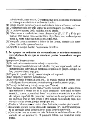 coincidencia,pero es así. Comentan que son los menos motivados
y creen que es debido al ambiente familiar.
(1)Dirige mucho pero luego está en bastante interacción con la clase.
(1) Constantementehay que llamar la atención para que trabajen.
(1)La profesora parte de la realidad de su grupo.
(1) Ciñéndome a las distintas clases obsenradas (lo,2', 3' y 8' de pri-
maria),sólo en un caso se identifica el profesor con la descripción
dada. El resto sigue un modelo más directivo.
(1)Interpela constantemente al inicio de las tareas, atiende a la disci-
plina, que estén quietoslatentos.
(O) Apunta a los que hablan 1estilo muy directivo.
2. Se apoyan las actitudes de autoconfianza y autodeterminación
individuales a la vez que se mantiene pautas de conductacoope-
rativa.
Ejemplosy Observaciones:
(3) Se realiza frecuentementetrabajo cooperativo.
(3)Se dan responsabilidades individuales.Hay encargados de realizar
determinadas actividades,también se trabaja en grupo, aunque no
hay gran conciencia grupal.
(3)El propio tipo de trabajo,metodología,así lo prevé.
(3) Se proponen trabajos individuales.
(2)Adornos feria, Semana Santa,etc... Se trabaja mucho de forma indi-
vidual pero hay otros muchos trabajos que se hacen en grupo.
(2)Trabajo individual y trabajo en grupo ('Mora).
(2)En bastantes casos se les alaba y se les destaca en los logros (aun-
que también a veces se da el caso contrario: "este niño no tiene
remedio, nunca pronunciará bien" - comentario referido a un niño
de origen español). Se potencian conductas de cooperación entre
los alumnos: que un niño ayude a otro cuando ha acabado algo,que
compartan las cosas,juegos en grupo, etc.
(1)Profesor 1alumnos+no entre elios.Estimula y motiva ¡fenomenal!
(1) Solamente en una de las clases de primaria (2'). En 8"Búnicamen-
te se aprecian estas conductas en clase de pretecnología.
(1) Conductas que se muestran más fácilmente en Matemáticas.Aún
cuando no se promueve, el profesor tolera las consultas entre
pares.
 