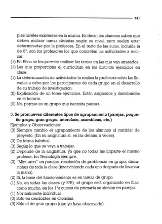 ples nivelesexistentesenla misma.Es decir,los alumnossaben que
deben realizar tareas distintas según su nivel, pero suelen estar
determinadas por la profesora. En el resto de las aulas, incluida la
de 8", son los profesores los 'que concretan las actividades a real-
zar.
(1)En Etica se les permite realizar las tareas en las que van atrasados.
(1)Las que proporciona el curriculurn en los distintos ejercicios en
clase.
(1)La determinaciónde actividadesla realiza la profesora salvo las iie-
vadas a cabo por los participantes de cada grupo en el desarrollo
de su trabajo de investigación.
(O)Explicación de un tema-ejercicios. Están asignados y distribuidos
en el horario.
(O) No, porque es un grupo que necesita pausas.
5. Se promuevendiferentestipos de agrupamiento (parejas,peque-
ño grupo, gran grupo,interclase,asambleas, etc.)
Ejemplos y Observaciones:
(3)Siempre cambio el agrupamiento de los alumnos al cambiar de
proyecto. (En mi asignatura sí, en las demás, a veces).
(3)De forma habitual.
(3)Según lo que se vaya a trabajar.
(2)Depende de la asignatura, ya que no todas las imparte el mismo
profesor. En Tecnología siempre.
(2) "Mini-arco" en parejas; resolución de problemas en grupo; discu-
siones de toda la clase (interWziendocada uno después de levantar
la mano).
(2) Sí,la base del funcionamiento es en tareas de grupo.
(1)No, en todas las clases (y EOB),el grupo está organizado en filas;
como mucho,en los loscursos de primaria se sientan en parejas.
(1)Normalmente individual.
(O) Sólo en desdobles en Ciencias.
(0) Sólo el de gran grupo (queyo haya observado).
 