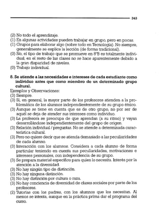 (2)No todo el aprendizaje.
(1) En algunas actividadespueden trabajar en grupo,pero en pocas.
(1) Grupos para elaborar algo (sobretodo en Tecnologia).No siempre,
generalmente se explica la lección (de forma tradicional).
(O)No, el tipo de trabajo que se promueve en 8"B es totalmente indivi-
dual, en el resto de las clases no se hace aparentemente debido a
la gran disparidad de niveles.
(O)Trabajo individual.
8. Se atiende alas necesidadese intereses de cadaestudiantecomo
individuo antes que como miembro de un determinado grupo
cultural.
Ejemplosy Observaciones:
(3) Siempre.
(3) Si, en general, la mayor parte de los profesores atienden a la pro-
blemática de los alumnosindependientemente de su grupo étnico.
(3)Aunque se tiene en cuenta que es de otro grupo, no por ser de
aquél se deja de atender sus intereses como individuo.
(3)La profesora se preocupa de que aprendan (a su ritmo) y vayan
desarrollándose independientemente del grupo de origen.
(3)Relaciónindividual1preguntas. No se atiende a determinada carac-
teristica cultural.
(3)Pero no quiere decir que se atiendademasiado a las peculiaridades
de cada alumno.
(3) Interacción con los alumnos. Considera a cada alumno de forma
particular teniendo en cuenta sus peculiaridades, motivaciones e
intereses personales, con independencia de su grupo.
(3) Se prepara materialespecificopara quien lo necesita. Interéspor la
atención a la diversidad.
(3)No hay ningún tipo de distinción.
(3)No hay ninguna distinción.
(3)No hay disiinción por cultura o raza.
(3)No hav conciencia de diversidadde clases socialespor parte de los. .
profesores.
(2) Tutonas con los padres, con los alumnos que los necesitan. Al
menos se intenta, aunque en la practica prima dar el programa del
cmo.
 
