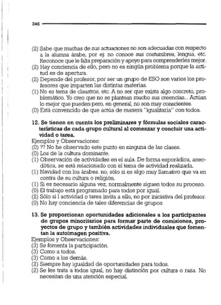 (2)Sabe que muchas de sus actuacionesno son adecuadas con respecto
a la alumna árabe, por ej: no conoce sus costumbres, lengua, etc.
Reconoce quele faltapreparacióny apoyopara comprenderlesmejor.
(2)Hay conciencia de ello,pero no es ningún problema porque la acti-
tud es de apertura.
(2)Depende del profesor,por ser un grupo de ESO son varios los pro-
fesores que imparten las distintas materias.
(1)No es tema de claustros,etc.A no ser que exista algo concreto,pro-
blemático.Yo creo que no se plantean mucho sus creencias... Actúan
lo mejor que pueden pero, en general,no son muy conscientes.
(O)Está convencido de que actúa de manera "igualitaria"con todos.
12. Se tienen en cuenta los preliminares y fórmulas sociales carac-
terísticas de cada grupo cultural al comenzar y concluiruna acti-
vidad o tarea.
Ejemplos y Observaciones:
(0) ?? No he observado este punto en ninguna de las clases.
(O)Los de la cultura dominante.
(1) Observación de actividadesen el aula.De forma esporádica, anec-
dótica, se está relacionado con el tema de actividad realizada.
(1)Navidad con los árabes.no, sólo si es algo muy llamativo que va en
contra de su cultura o religión.
(1) Si es necesario alguna vez,normalmente siguen todos su proceso.
(O)El trabajo está programado para todos por igual.
(2) S610 si 1actividad o tarea invita a ello,no por iniciativa del profesor.
(O)No hay conciencia de tales diferencias de grupos.
13.Se proporcionan oportunidades adicionales a los participantes
de grupos minoritarios para formar parte de comisiones, pro-
yectos de grupo y también actividadesindividuales que fomen-
tan la autoimagenpositiva.
Ejemplos y Observaciones:
(3) Se fomenta la participación.
(3) Como a todos.
(3) Como a los demás.
(2) Siemprehay igualdad de oportunidades pam todos.
(2)Se les trata a todos igual, no hay distinción por cultura o raza. No
necesitan de una atención especial.
 