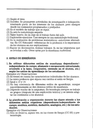 (1) Según el área.
(2) Sociales.Se promueven actividades de investigación e indagación,
intentando partir de los intereses de los alumnos, pero siempre
desde los contenidosprogramados y prefijados.
(3) Es el modelo de trabajo que se sigue.
(3)Es esta la metodología seguida.
(1) Taller huerto. Se da algo en el trabajo fuera del aula.
(1) Explicación-ejercicios.Casi siempre es una metodologiatradicional.
(2)En la realización de problemas matemáticos -soluciones alternati-
vas. En CC Naturales- referencias de la profesora a la experiencia
de los alumnos en sus explicaciones.
(1)Buscar en diccionarios,realizar trabajos. Si,en las asignaturasque
se brindan a eilo.Otros optan por la ensefianza tradicional.
1. Se utilizan diferentes estilos de enseñanza dependiente/-
independiente de campo, altamenteo escasamenteestructurado,
orientado a la tarea, cooperativo, centrado en el alumno, etc.)
según los estilos de aprendizaje de los estudiantes.
Ejemplos oly Observaciones:
(3) Se tienen en cuenta las característicasindividualesde los alumnos.
(1)La única profesora que alguna vez cambia el estilo es Sergia.
(2) Igual a 10y 14.
(1)No hay conciencia de diferentes estilos de aprendizaje, aunque
espontáneamente se den diversos estilos de enseñanza.
(2) Depende mucho de la asignatura.En tecnologia siempre se trabaja
en grupos (después de una explicación teórica) y se intenta adap-
tar los contenidos a los alumnos.
2. La planificación y organización durante las clases atiende a los
diferentes estilos cognitivos (dependiente/independiente de
campo,analítico,sintético,deductivo,analógico,etc.)de los estu-
diantes.
Ejemplos oly Observaciones:
(1) Sólo se observa,alguna vez, en las clases de Sergia (CCSS) y pre-
tecnología.
 